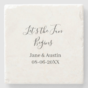 lets the fun begins wedding couple name date simpl stone coaster