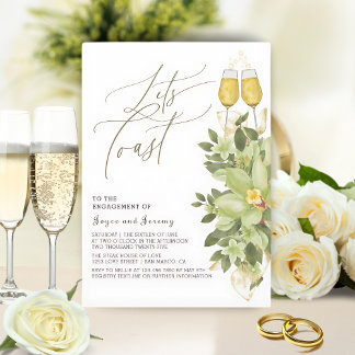 Let's Toast Greenery Floral Gold Engagement Party Invitation