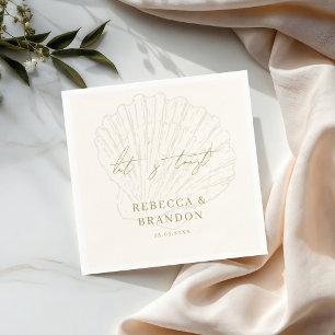 Let's Toast Ivory & Gold Seashell Coastal Wedding Napkins