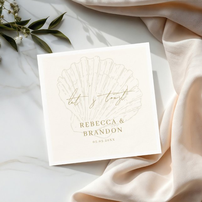Let's Toast Ivory & Gold Seashell Coastal Wedding Napkins (Creator Uploaded)