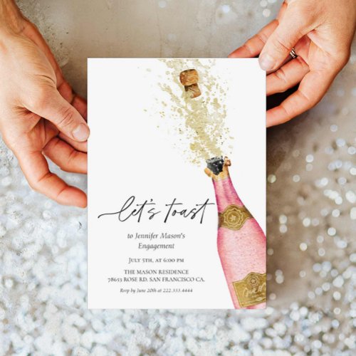 Lets Toast Pink Champagne Bottle Bridal Shower Invitation