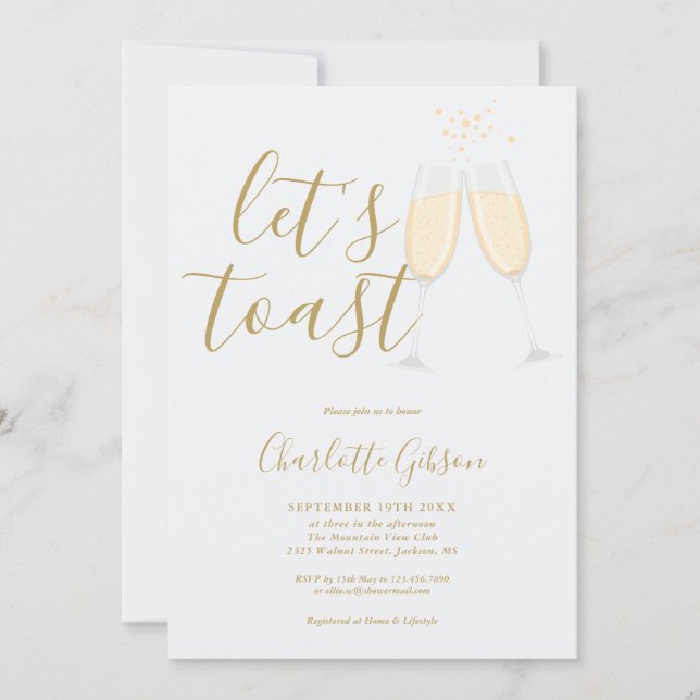 Let's Toast Script Bridal Shower Gold Invitation (Front)