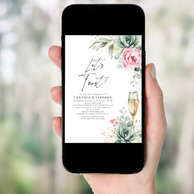 Let's Toast Succulent Pink Floral Engagement Party Invitation (Front Digital)