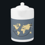 Let's travel the world illustration teapot<br><div class="desc">Let's travel illustration with world map and airplane decoration on blue background for everybody who likes traveling.</div>