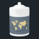 Let's travel the world illustration teapot<br><div class="desc">Let's travel illustration with world map and airplane decoration on blue background for everybody who likes traveling.</div>