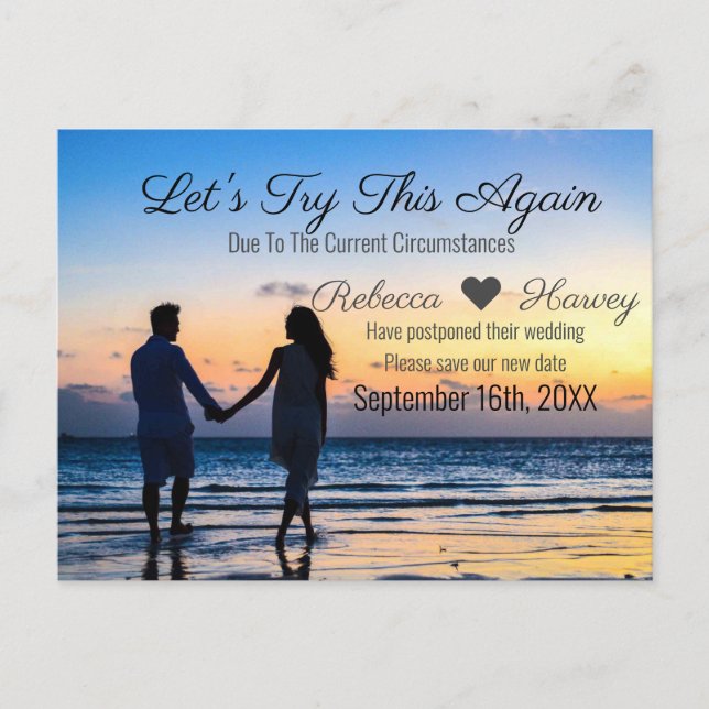 let's try again beach wedding Postponement Announcement Postcard (Front)