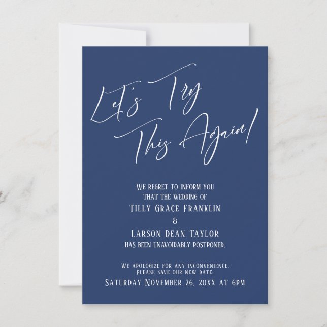 Let's Try This Again Navy Postponed Wedding Card (Front)