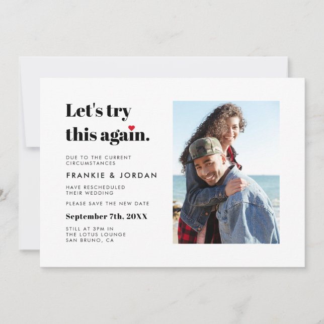 Lets Try This Again Wedding Change The Date Photo Invitation (Front)