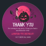 Let'sGet Spooky Halloween Birthday Party Thank You Classic Round Sticker<br><div class="desc">Modern Halloween design for spooktacular birthday party with scary pumpkin on purple pink moon background. A gender-neutral design,  perfect for October celebrations! Template is easy to personalize.</div>