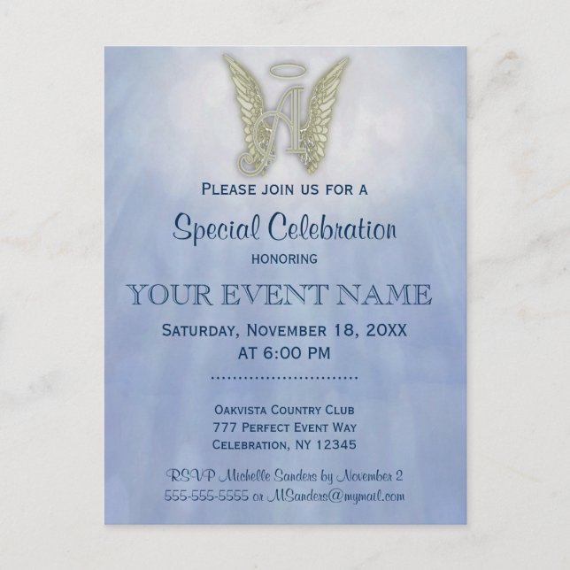 Letter A Angel Monogram Invitation Postcard (Front)