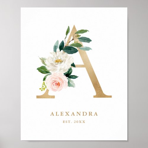 Letter A Blush Floral Monogram Gold Foil Nursery Poster