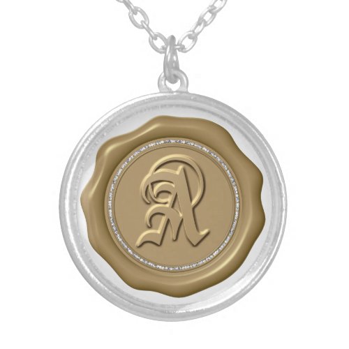  Letter A  Diamond GOLD Wax Seal Monogram Silver Plated Necklace
