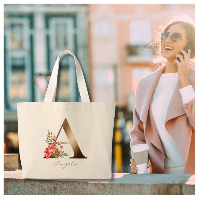 Letter A Elegant Floral Gold Monogram Large Tote Bag (Creator Uploaded)