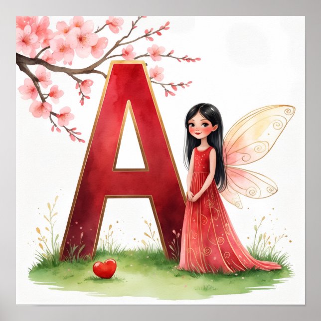 Letter A Fairy Nursery Poster - Cherry Blossoms (Front)