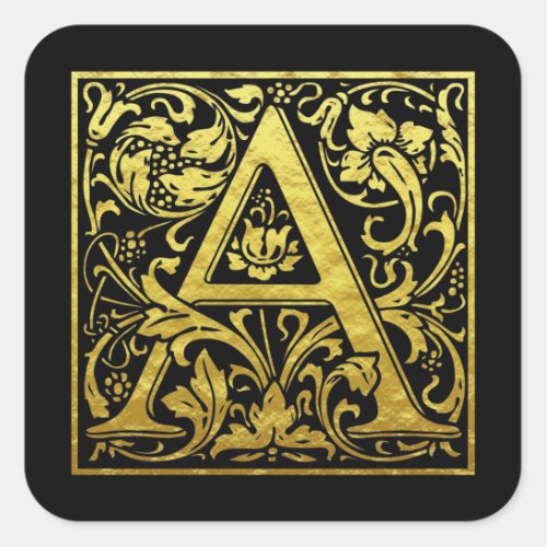 Letter A First Letter Faux Gold and Black Square Sticker