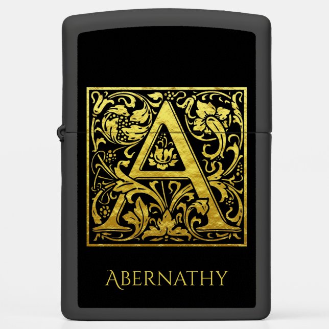 Letter A First Letter Faux Gold and Black Zippo Lighter (Front)