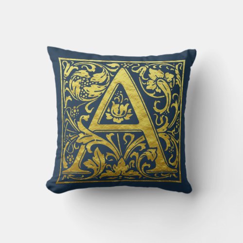 Letter A First Letter Faux Gold and Blue Throw Pillow