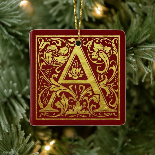 Letter A First Letter Faux Gold and Red Ceramic Ornament (Tree)