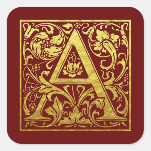 Letter A First Letter Faux Gold and Red Square Sticker