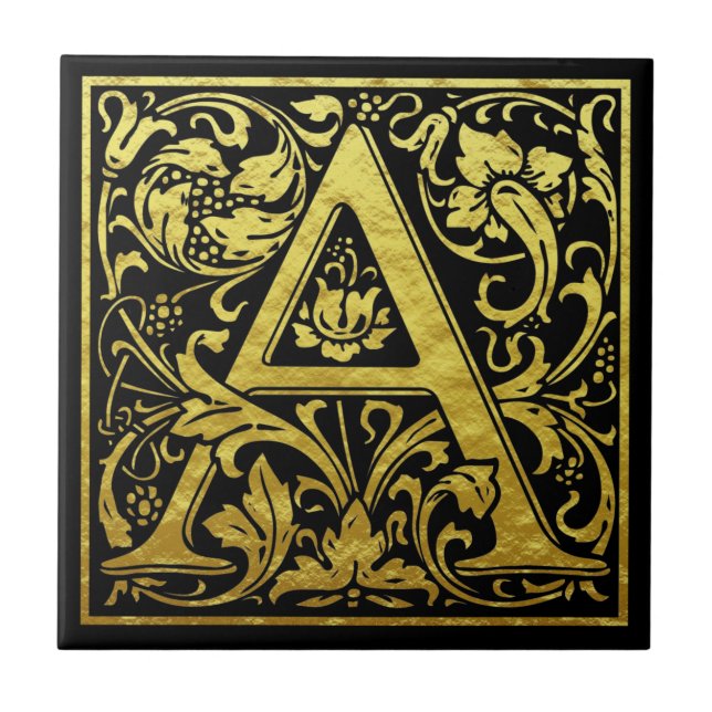 Letter A First Letter Faux Gold Black Ceramic Tile (Front)
