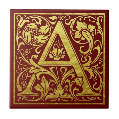 Letter A First Letter Faux Gold Red Ceramic Tile
