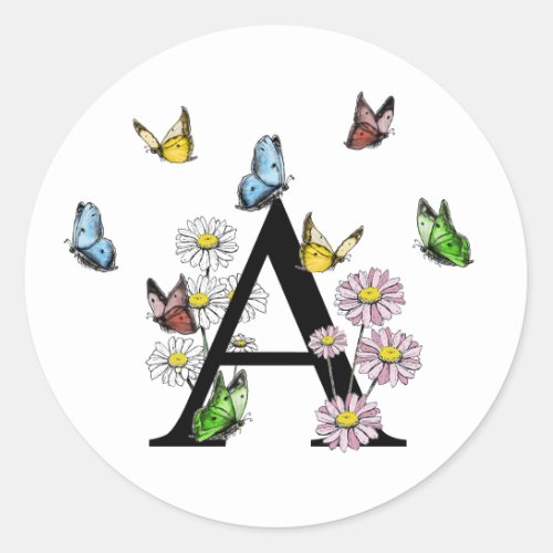 Letter A Floral Butterfly Monogram Initial    Classic Round Sticker