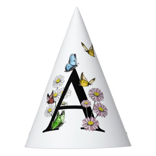 Letter A Floral Butterfly Monogram Initial   Party Hat