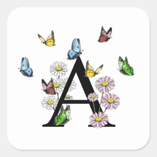 Letter A Floral Butterfly Monogram Initial   Square Sticker