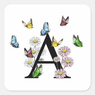 Letter A Floral Butterfly Monogram Initial Square Sticker