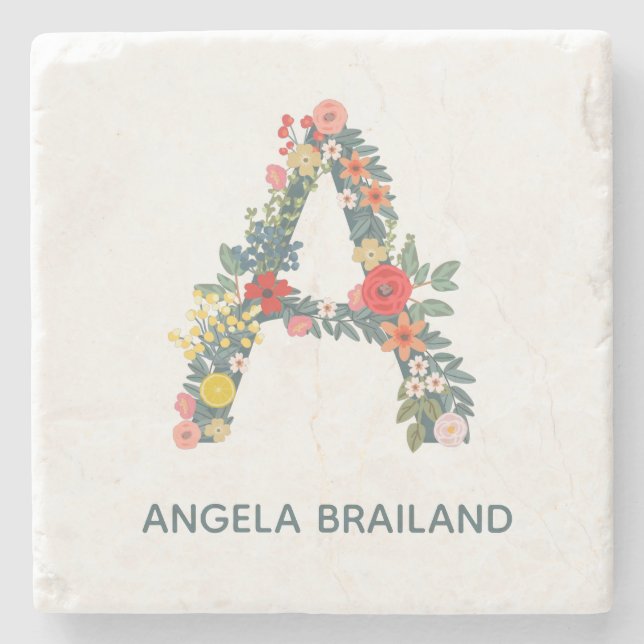 Letter A floral garden monogram personalized     Stone Coaster (Front)