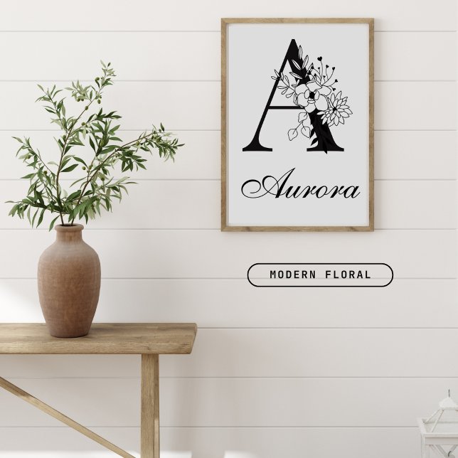 Letter A Floral Modern Black Monogram Nursery Poster (Creator Uploaded)