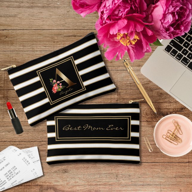 Letter A  Floral Monogram Black White Gold Stripes Accessory Pouch (Creator Uploaded)