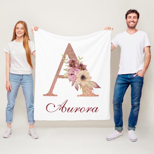 Letter A Floral Rose Gold Monogram Nursery Fleece Blanket (In Situ)