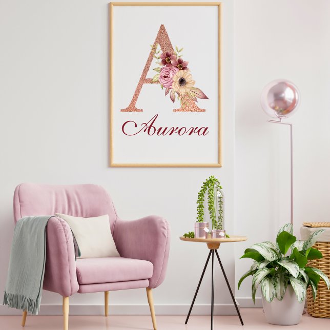 Letter A Floral Rose Gold Monogram Nursery Poster (Creator Uploaded)