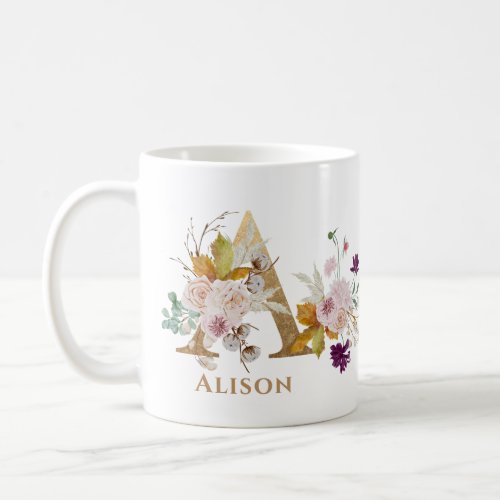 Letter A _ Gold Floral Name sister coworker friend Coffee Mug