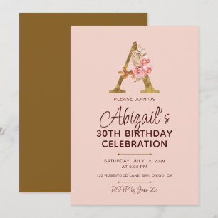 Letter A Gold Monogram Blush Pink Roses Invitation