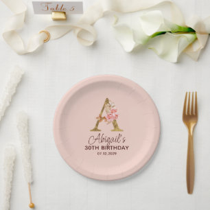 Letter A Gold Monogram Blush Pink Roses Paper Plates