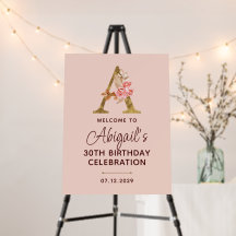 Letter A Gold Monogram Blush Pink Roses Sign