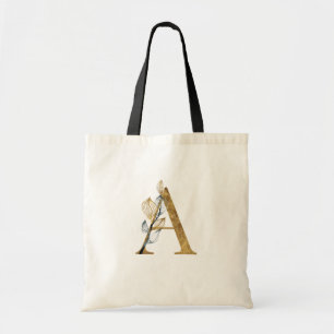 *~* Letter A Gold Monogram Initial Black Leaves Tote Bag