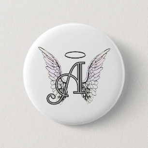 Letter A Initial Monogram with Angel Wings & Halo Button