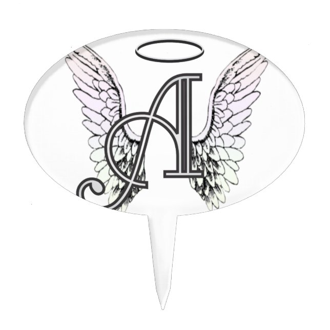 Letter A Initial Monogram with Angel Wings & Halo Cake Topper (Front)