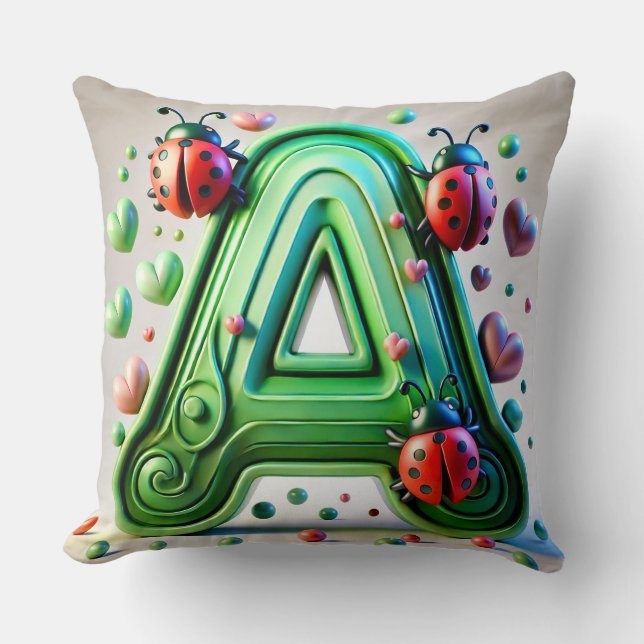 🌸 Letter A Ladybug Floral Monogram  🌸 Throw Pillow (Front)