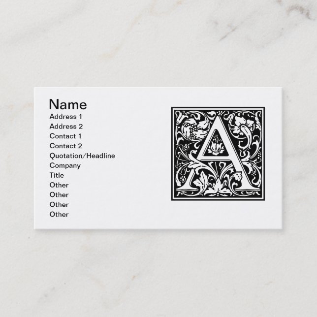 Letter A Medieval Monogram Art Nouveau Business Card (Front)