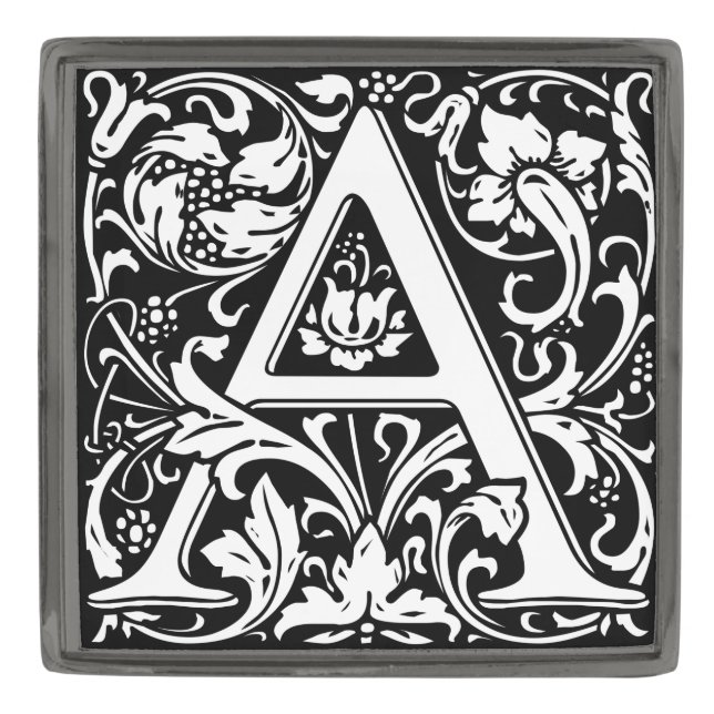 Letter A Medieval Monogram Art Nouveau Gunmetal Finish Lapel Pin (Front)