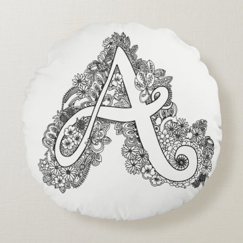 Letter A mono doodle tangled pattern round pillow