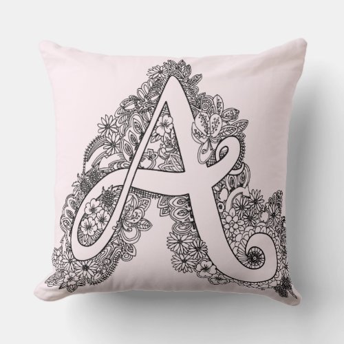 Letter A mono doodle tangled patterned pillow