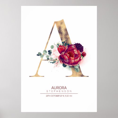 Letter A Monogram Floral Burgundy Red and Gold Poster