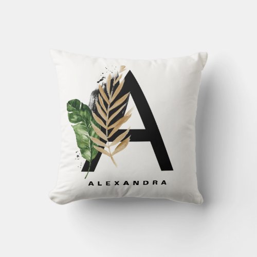  Letter A Monogram Gold Foil Tropical Leaves Throw Pillow