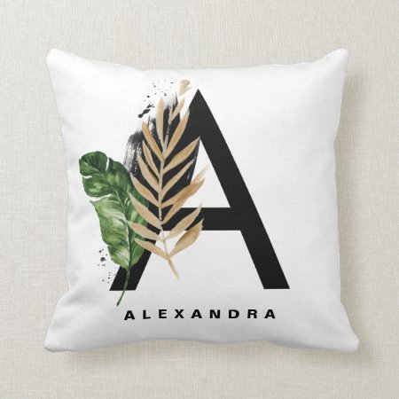 Letter A Monogram Gold Foil Tropical Leaves Throw Pillow