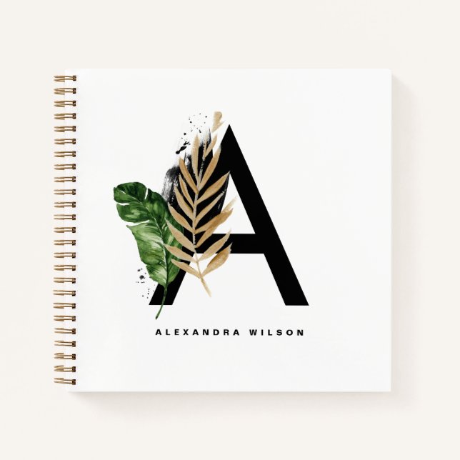  Letter A Monogram Gold Foil Tropical Personalized Notebook (Front)